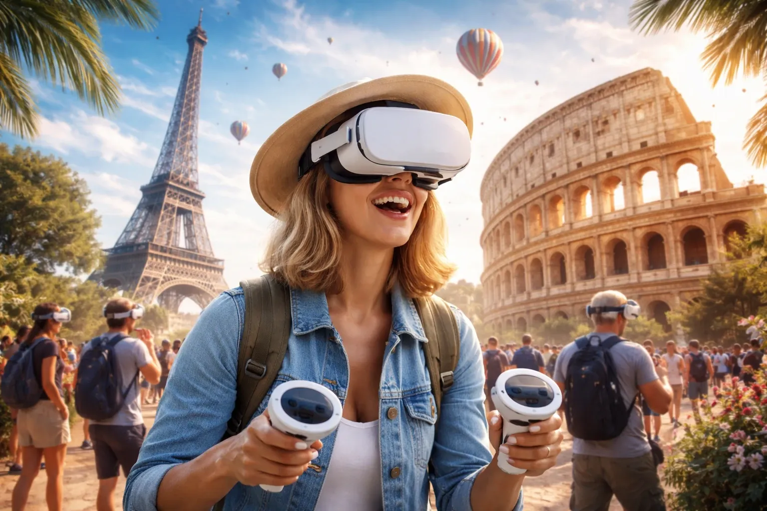 Visiteuse en casque VR devant la tour Eiffel et le Colisée - immersion touristique en réalité virtuelle pour office de tourisme