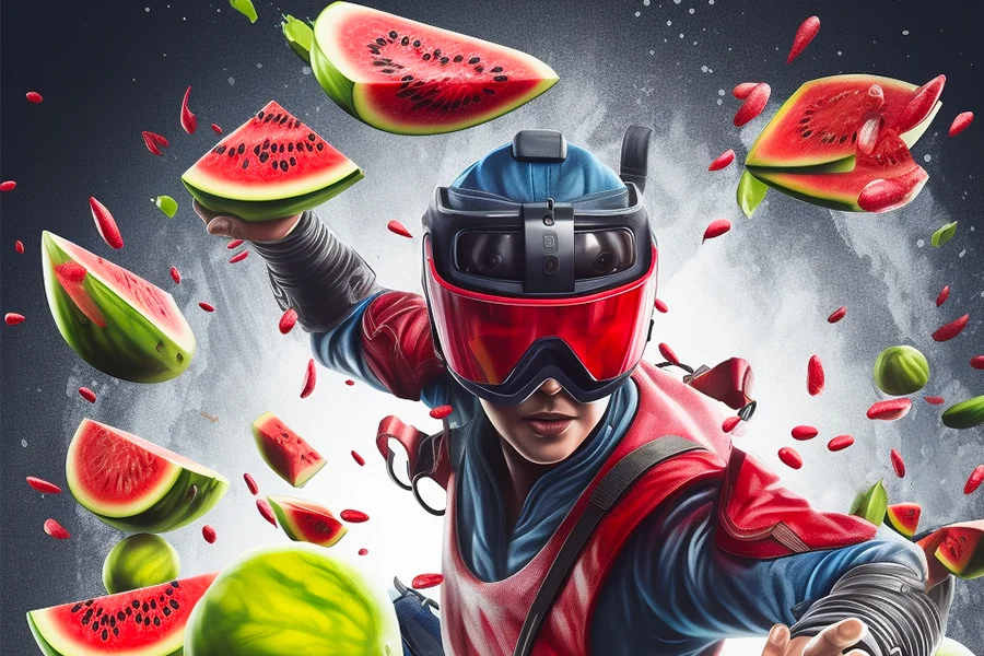 Joueur découpant des fruits virtuels avec Fruit Ninja VR en animation d'entreprise