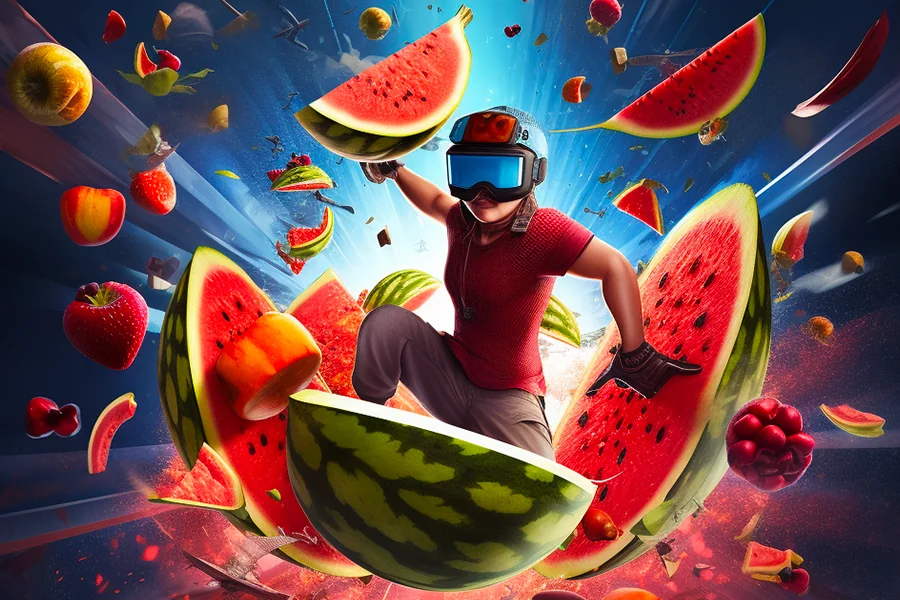 Participants riant en jouant à Fruit Ninja VR lors d'un team building d'entreprise