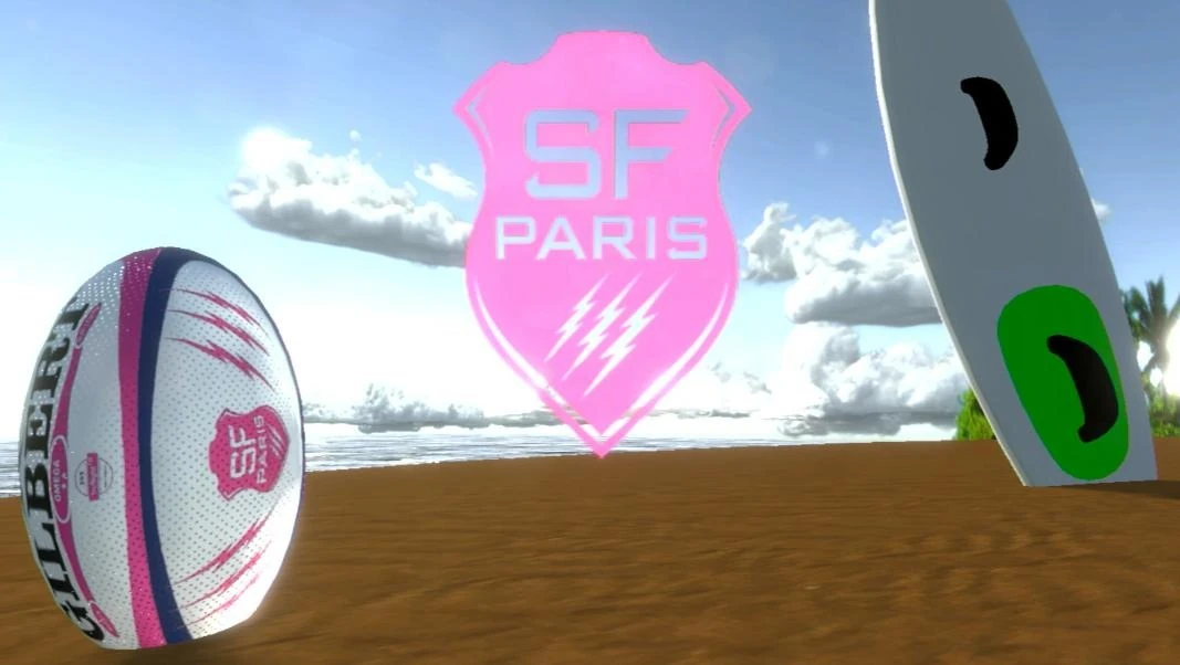 Scène 3D du simulateur surf personnalisée avec ballon de rugby et écusson rose Stade Français Paris