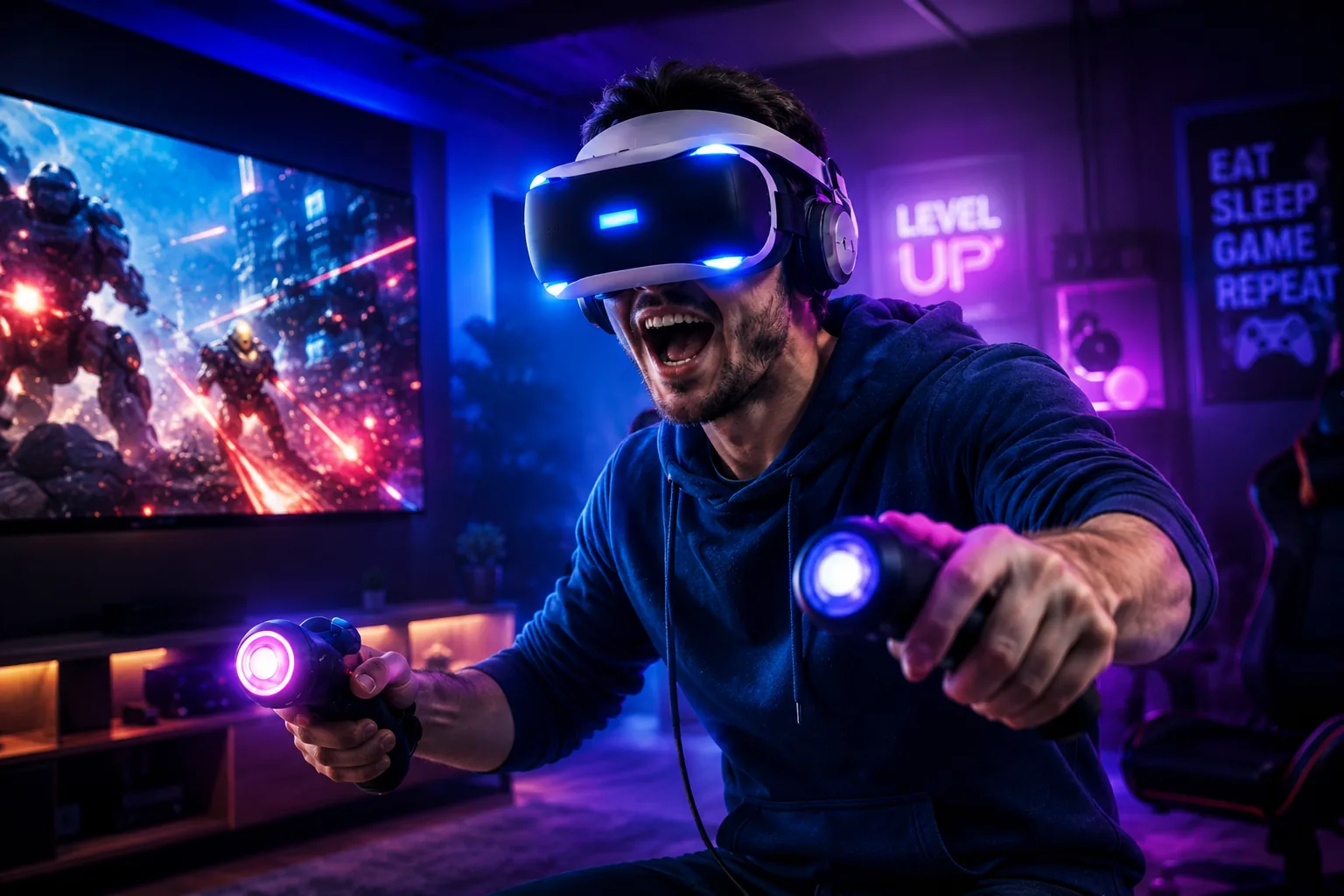 Joueur immergé en session gaming VR avec casque sur la tête lors d'une animation événementielle