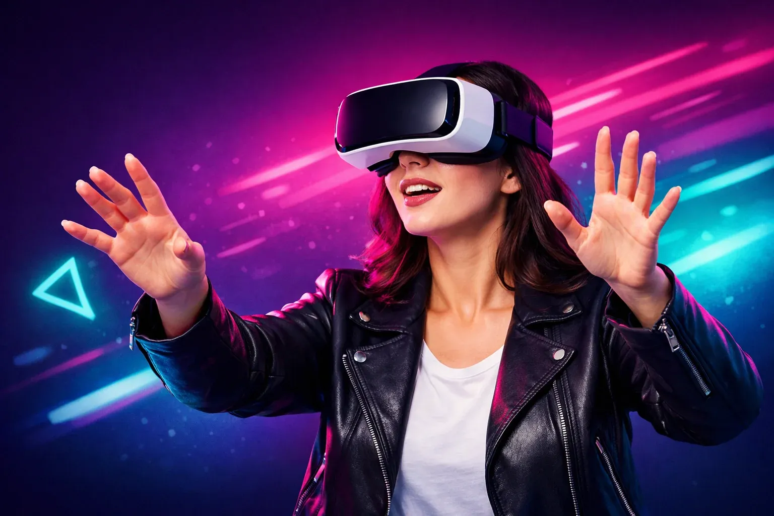 Femme en veste cuir noir portant un casque VR les mains ouvertes sur fond néon violet et bleu