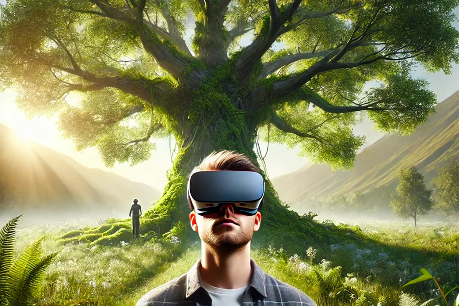 Homme avec casque VR en méditation bien-être