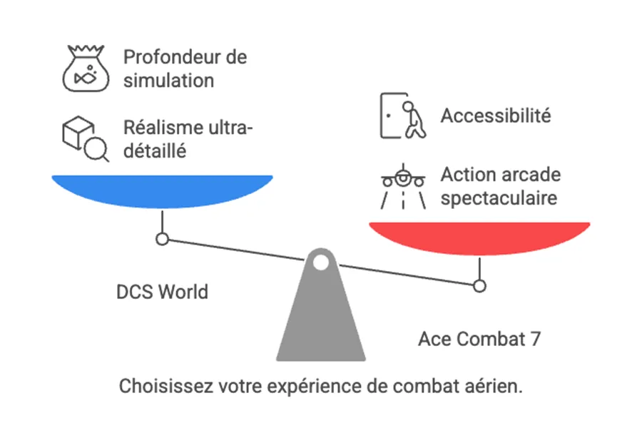 Infographie balance comparant DCS World et Ace Combat 7 sur le réalisme et l'accessibilité