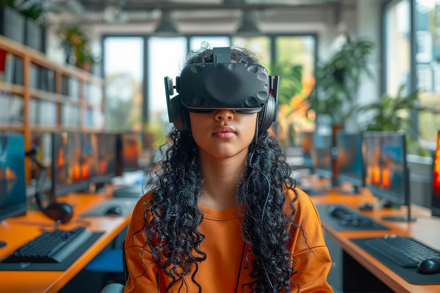 Élevé utilisant un casque de réalité virtuelle en classe
