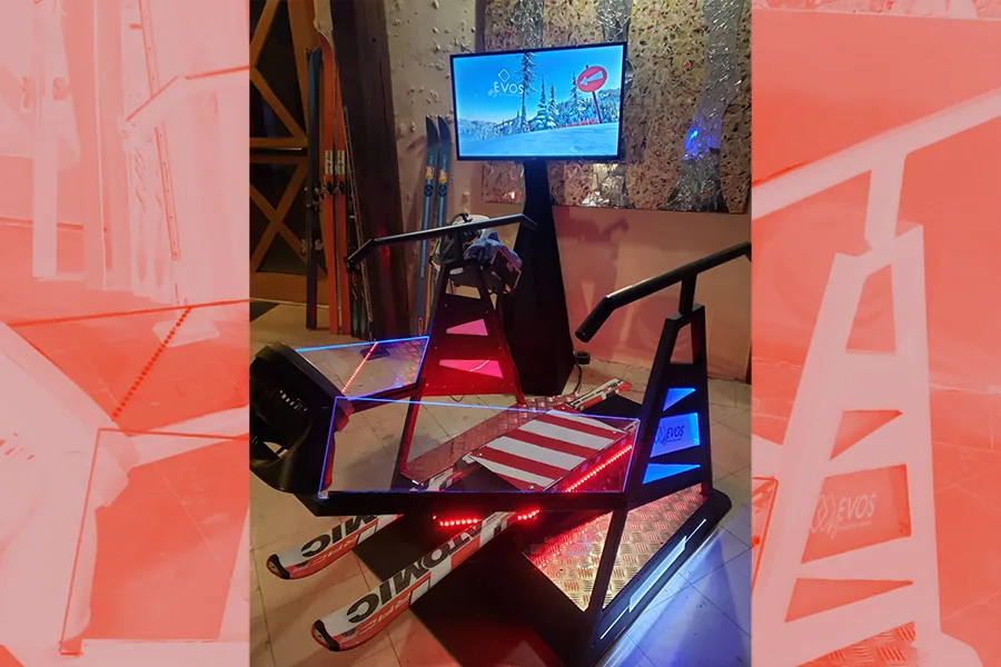 Simulateur de ski VR avec siège baquet et écran installé dans une salle d'événement