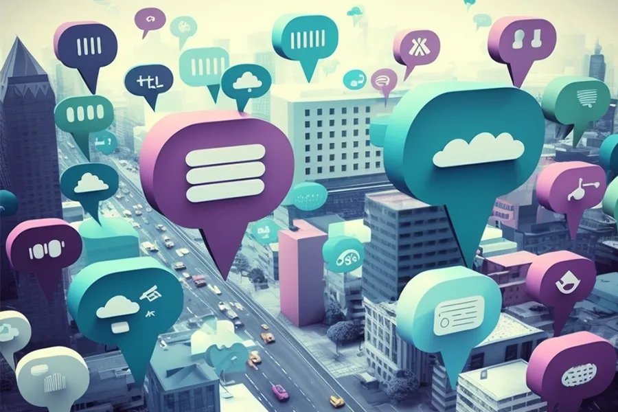 Illustration d'une ville connectée avec des bulles de communication flottant entre les bâtiments