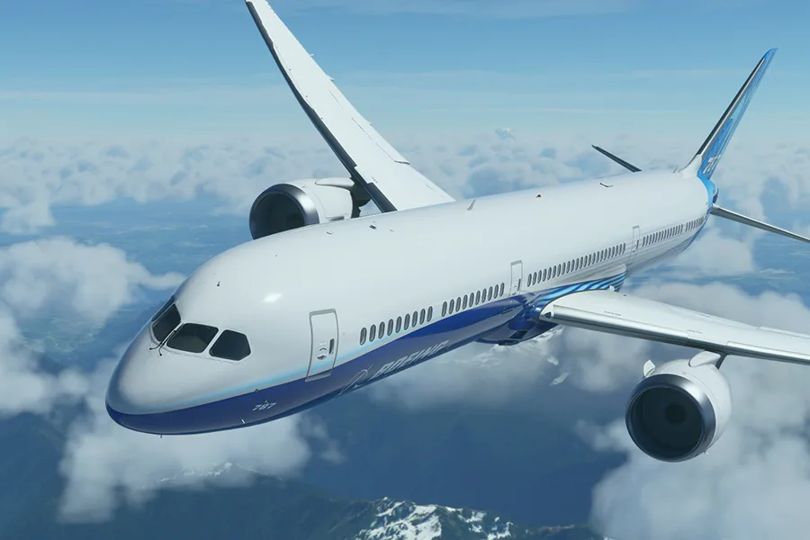 Avion survolant une ville au coucher du soleil dans Flight Simulator en mode VR