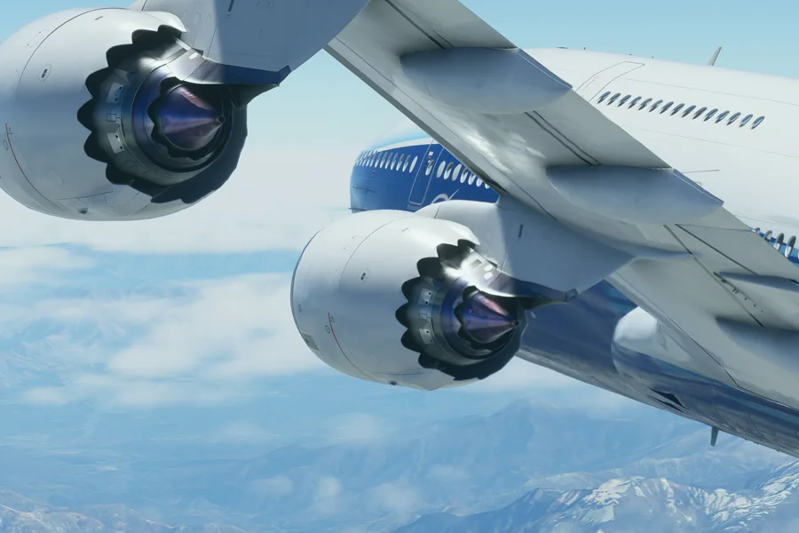 Vue aérienne d'un paysage montagneux dans Flight Simulator en réalité virtuelle