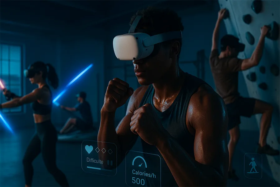 Homme en posture de boxe portant un casque VR dans une salle avec d'autres participants