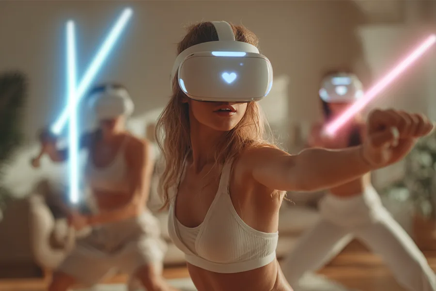 Femme avec un casque VR dans un cours de fitness collectif avec effets lumineux type sabre laser