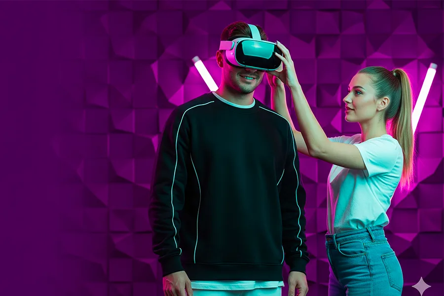 Femme aidant un homme à enfiler un casque VR devant un mur violet avec néons
