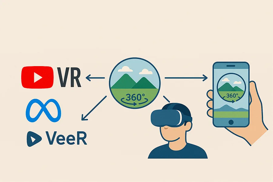Schéma de diffusion de vidéos 360 VR via YouTube VR, Meta et VeeR vers casque et smartphone