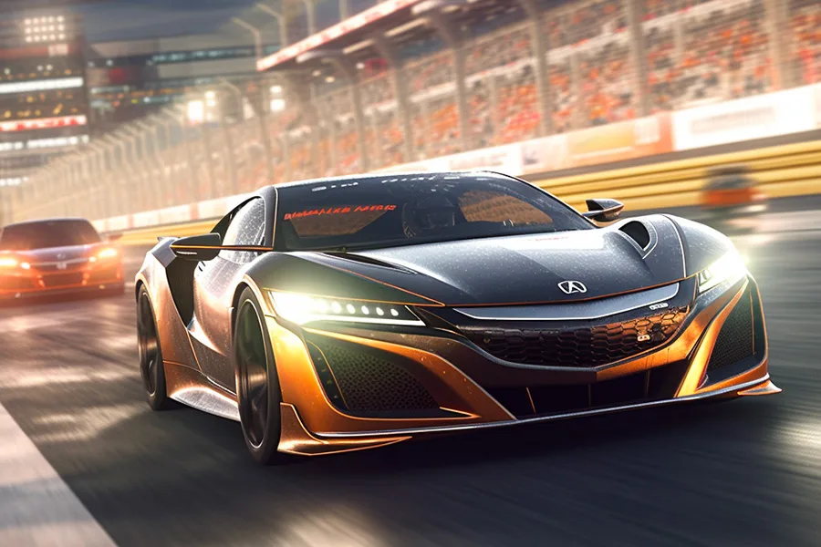 Acura NSX GT3 en pleine course sur circuit avec tribunes en arrière-plan