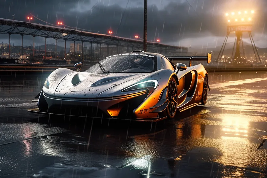 McLaren P1 GTR sur circuit mouillé sous la pluie de nuit