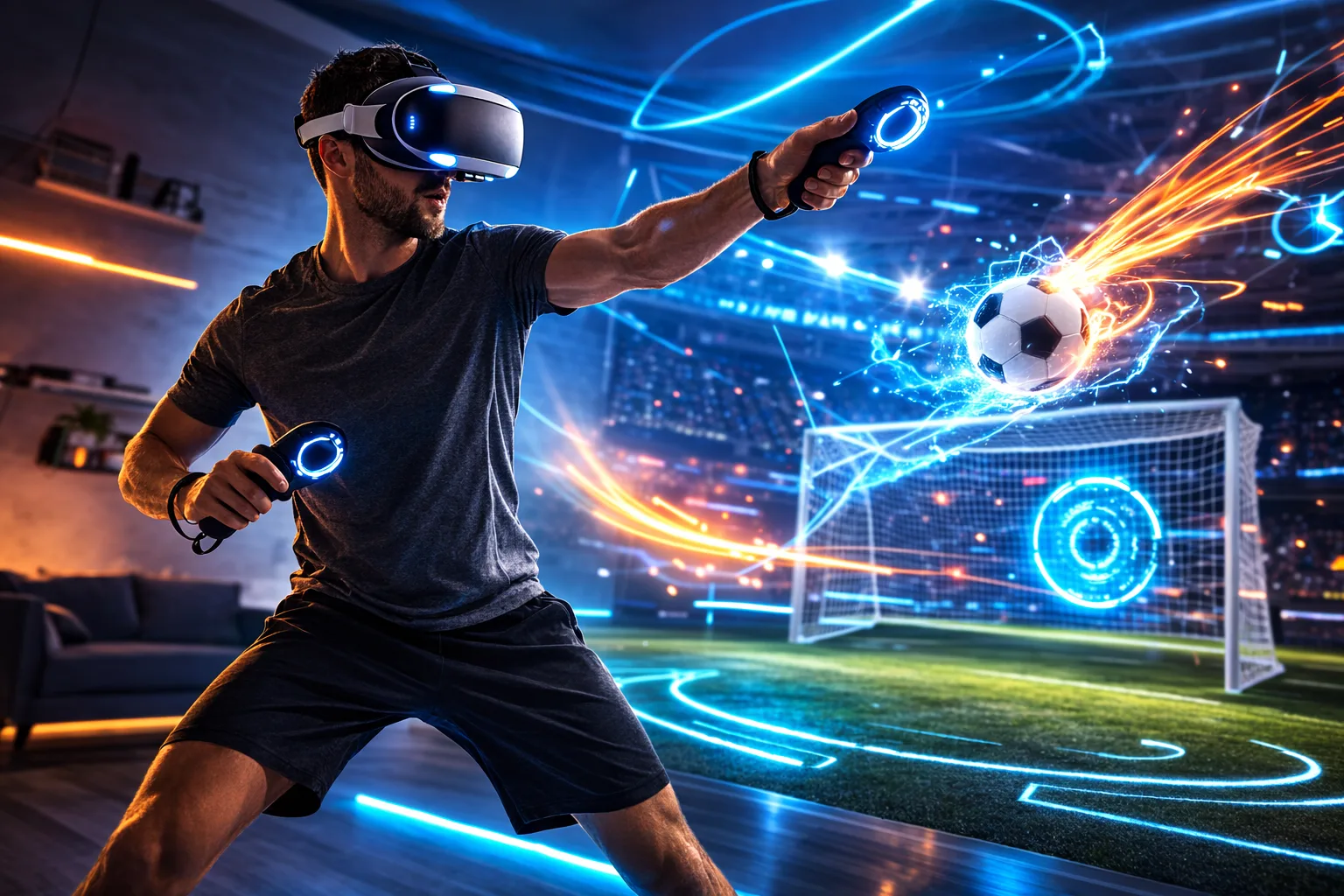 Partie de football en réalité virtuelle avec casques VR