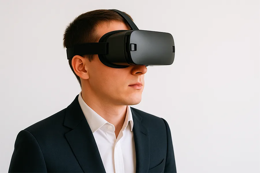 Homme en costume portant un casque de réalité virtuelle sur fond clair