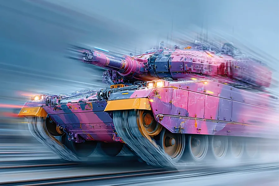 Char militaire vu de trois quarts avec des teintes roses et un effet de vitesse