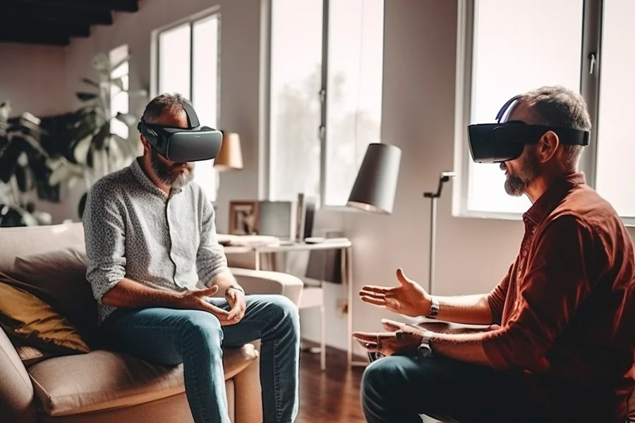 Psychologue accompagnant un patient équipé d'un casque VR pendant une séance de thérapie par exposition