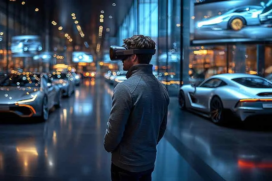 Visiteur en casque VR explorant un showroom automobile virtuel
