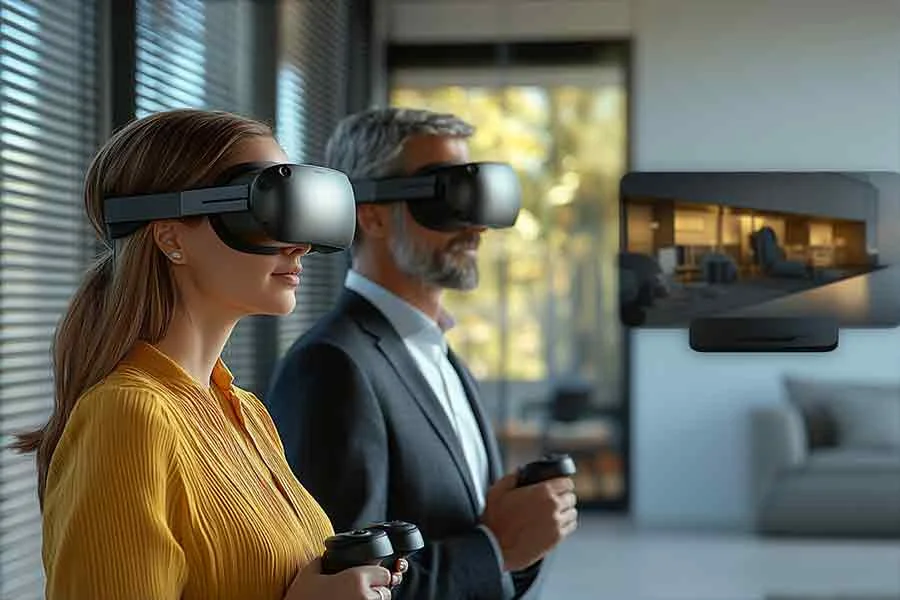 Deux personnes testant des casques VR dans un showroom événementiel